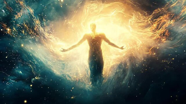 Mystical Glowing Figure in Space Seamless Looping Background Video