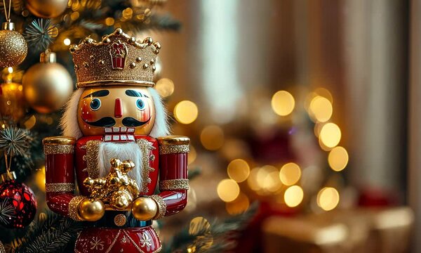 Golden nutcracker statue with intricate details, standing proudly beside a gold-lit Christmas tree in a lavishly decorated room. . Video