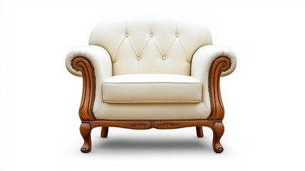 A white leather chair with a wooden frame