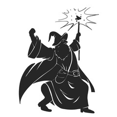 Vector silhouette of a wizard casting a spell with a magic wand