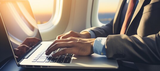 Business traveler working on a laptop during a flight at sunset over the clouds