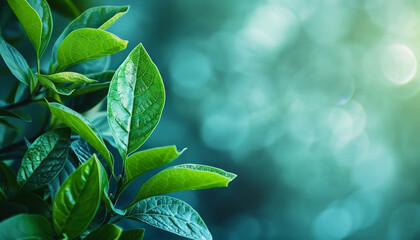 Fresh green leaves with white veins, isolated on a blue background