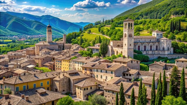 Scenic view of Gubbio, an ancient Italian hilltop town with medieval architecture and lush landscapes