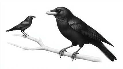 Obraz premium A black crow is perched on a branch next to a smaller bird