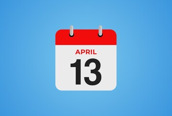 Icon calendar day.  13 April. 13th days of the month, illustration style. Date day of week Sunday, Monday, Tuesday, Wednesday, Thursday, Friday, Saturday. 