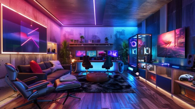 A sleek, contemporary living room features a high-tech gaming setup with multiple monitors and RGB lighting, creating a vibrant, energetic atmosphere at night.
