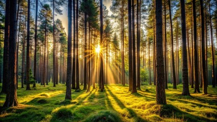 Obraz premium Serene Dark Pine Forest with Tall Trees and Dappled Sunlight Filtering through the Foliage