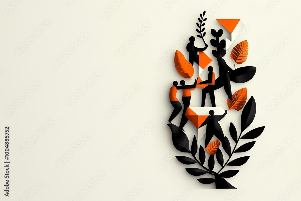 Poster simple icon of a rural community working together, with geometric shapes representing cooperation an