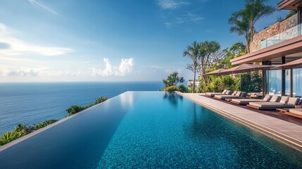 Fototapeta premium Luxury infinity pool overlooking the ocean with lounge chairs.