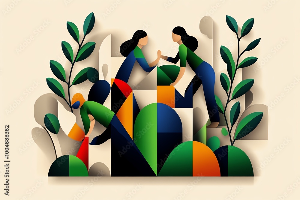 Poster simple icon of a rural community working together, with geometric shapes representing cooperation an