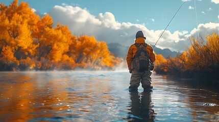 Athletic man fly fishing on the banks of the Gallatin River surrounded by vibrant fall colors in Bozeman, Montana, captured in realistic HD