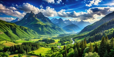 Serene Mountain Landscape with Lush Green Valleys and Clear Blue Skies in a Tranquil Setting