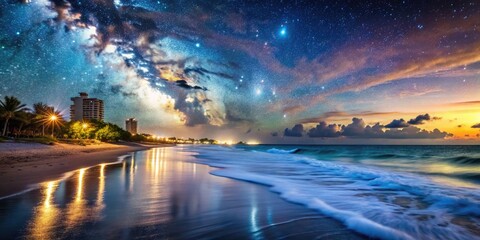 Serene South Beach at Night with Glimmering Waves and Starry Sky Creating a Dreamy Atmosphere