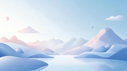 A serene landscape with a lake surrounded by soft, pastel mountains and a clear blue sky.