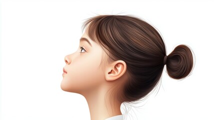 Fototapeta premium A girl with brown hair and a ponytail is looking up at the camera