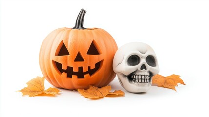 A pumpkin with a scary face and a skull