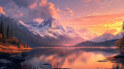 Fototapeta premium A calm lake surrounded by snow-capped mountains at sunset. 