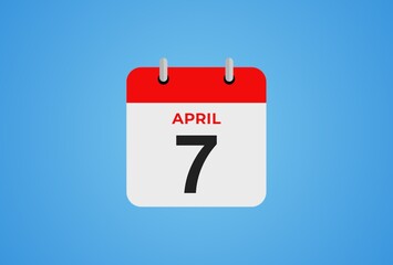 Icon calendar day. 7 April. 7th days of the month, illustration style. Date day of week Sunday, Monday, Tuesday, Wednesday, Thursday, Friday, Saturday. 