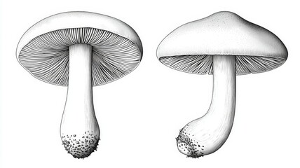 Two mushrooms are shown side by side, one of which is cut off