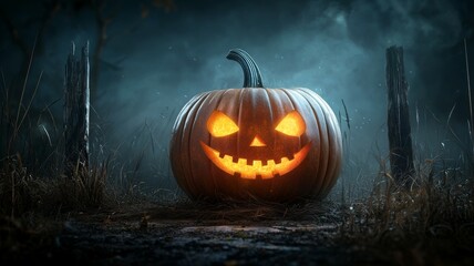 A pumpkin with a scary face is sitting in a field
