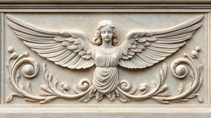 A white angel with wings is carved into a stone wall