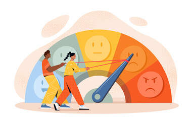 People with stress level. Man and woman near indicator with emotions. Mental and psychological health. Assessing emotions and feelings. Awareness and mindfulness. Flat vector illustration