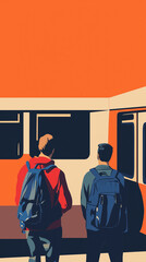 Two male commuters at train with copy space