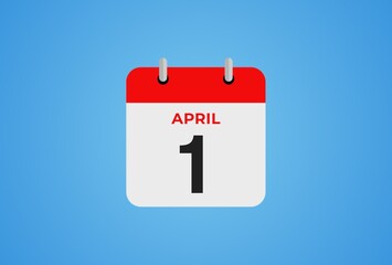 Icon calendar day. 1 April. 1th day of the month, illustration style. Date day of week Sunday, Monday, Tuesday, Wednesday, Thursday, Friday, Saturday. 