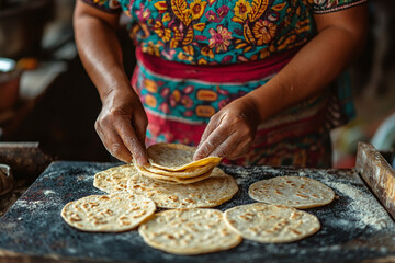 Woman in a huipil dress preparing tortillas on a comal.