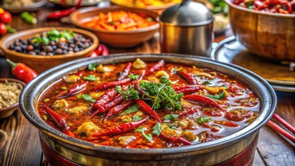 Fototapeta premium Spicy Hot Pot Chuan Chuan Dish Served in a Traditional Restaurant Setting in Chengdu, China