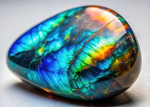 Spectrolite Gemstone Close-up Showing Unique Color Play and Intricate Natural Patterns in Lighting