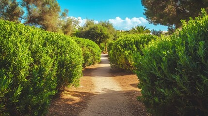 A serene pathway flanked by lush hedges in a sunlit park during a clear day
