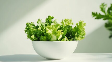 Fototapeta premium A fresh green salad in a white bowl on a white surface.