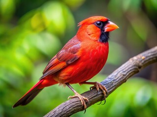 Striking Red Bird with Black Wings Perched on a Branch in a Natural Outdoor Environment