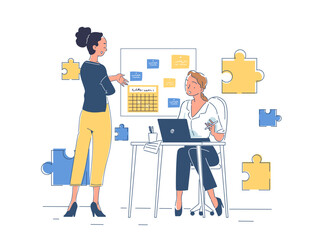 Teamwork in office. Women with laptops in office discussing project. Organization of effective work process. Colleagues and partners. Linear vector illustration isolated on white background