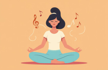Woman sits in yoga pose and meditates to music