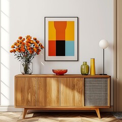  Fresh blooms in bright orange and yellow sit atop a wooden sideboard, framed by geometric decor and a retro glass dish, creating a cheerful modern space. Mock up. 