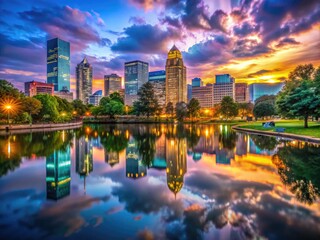 Fototapeta premium Stunning Charlotte NC Skyline at Dusk with Colorful Lights and Reflections on the Water Surface