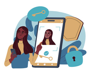 Woman with face ID. Young girl near smartphone screen. Biometric data and face recognition. Personal identification and authorization. Flat vector illustration isolated on white background