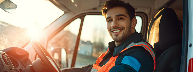 The ambulance driver sits behind the wheel and smiles. Medical ambulance. Concept of an ambulance driver.