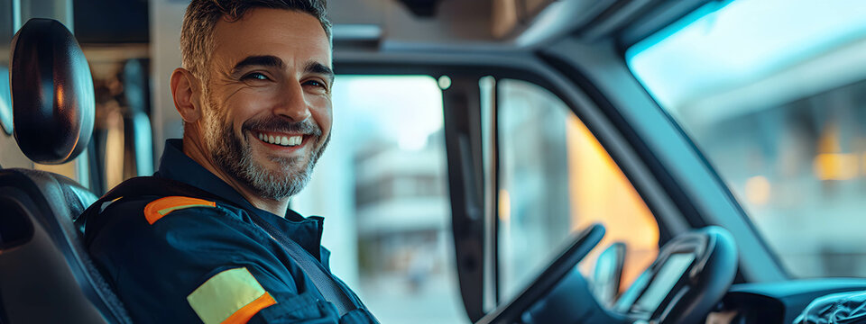 The ambulance driver sits behind the wheel and smiles. Medical ambulance. Concept of an ambulance driver.
