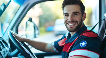 The ambulance driver sits behind the wheel and smiles. Medical ambulance. Concept of an ambulance driver.