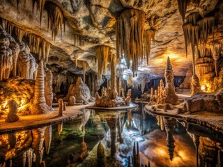 Fototapeta premium Stunning Interior of Ancient Dark Cave with Stalactites in Grotte di Is Zuddas, Sardinia, Italy