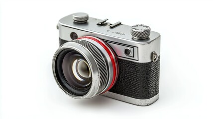 A vintage camera with a red and black lens