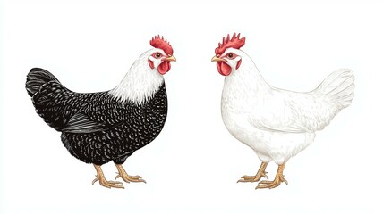 Fototapeta premium Two chickens standing next to each other, one black and one white
