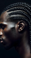 Close-up of a man's head with braided Afro pigtails, beautifully braided into even lines, side view of head from above without face, with studio light. Concept of men's afro hairstyle.