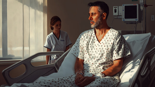 Male patient propped up on hospital bed