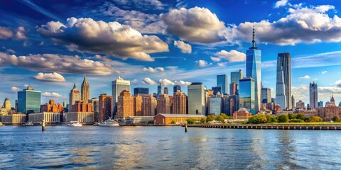 Naklejka premium Stunning skyline view of Hoboken, New Jersey with waterfront and cityscape under blue sky