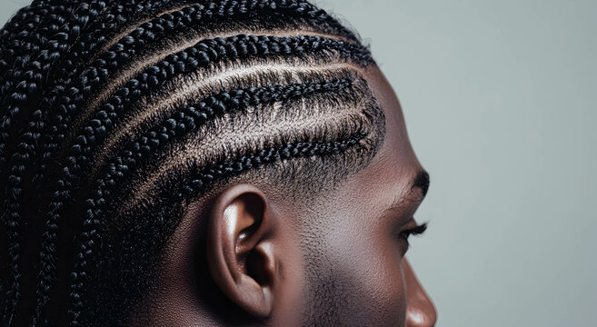 Close-up of a man's head with braided Afro pigtails, beautifully braided into even lines, side view of head from above without face, with studio light. Concept of men's afro hairstyle.