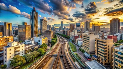 Fototapeta premium Stunning Timelapse Panorama Cityscape of Osaka Near Railway in Wide Shot with Tilt Perspective